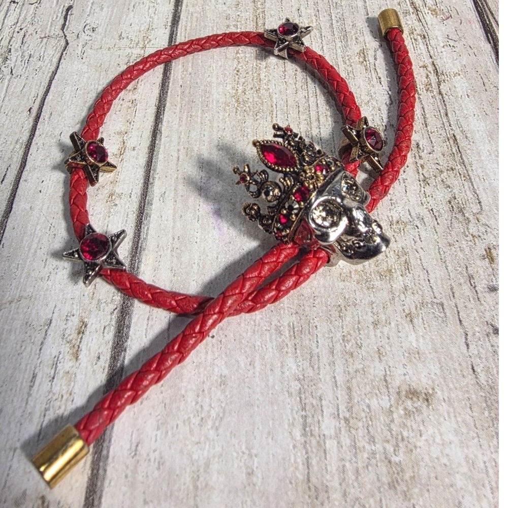 Alexander McQueen Red Braided Leather Skull Crown Star Wrap Bracelet Made Italy - Picture 4 of 11